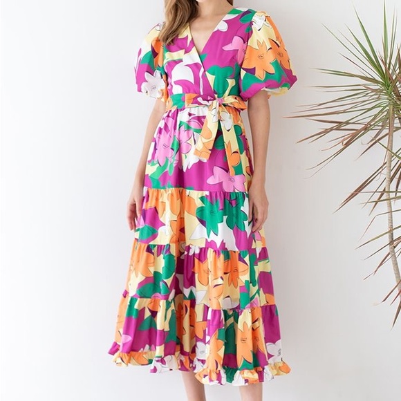 Chicwish Colorful Floral Midi Dress - Picture 1 of 6